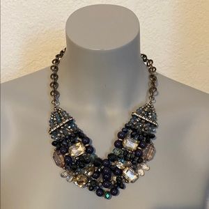 Silver and Blue Necklace with Floral Beadwork and Crystals